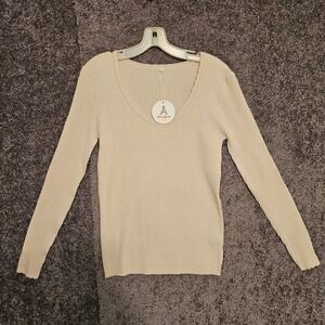 ANRABESS Womens Beige Ribbed Knit Long Sleeve Scoop Neck Top TL00097 Size L NWT